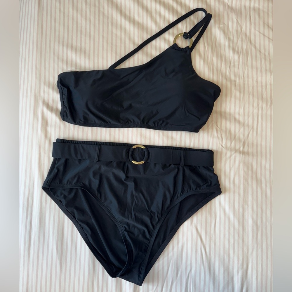 NWOT One-shoulder Bikini with Gold Accents
